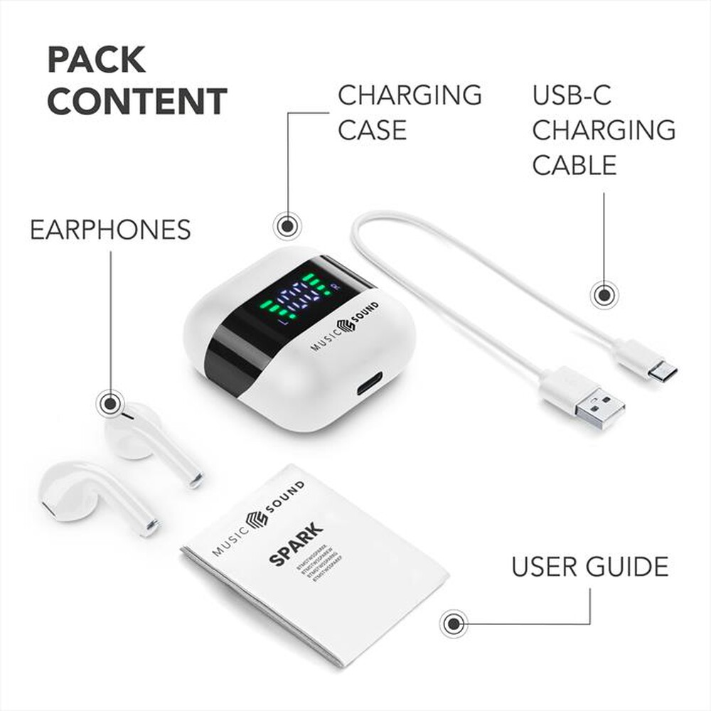 "MUSIC SOUND - AURICOLARI TWS CON DISPLAY LED-White"