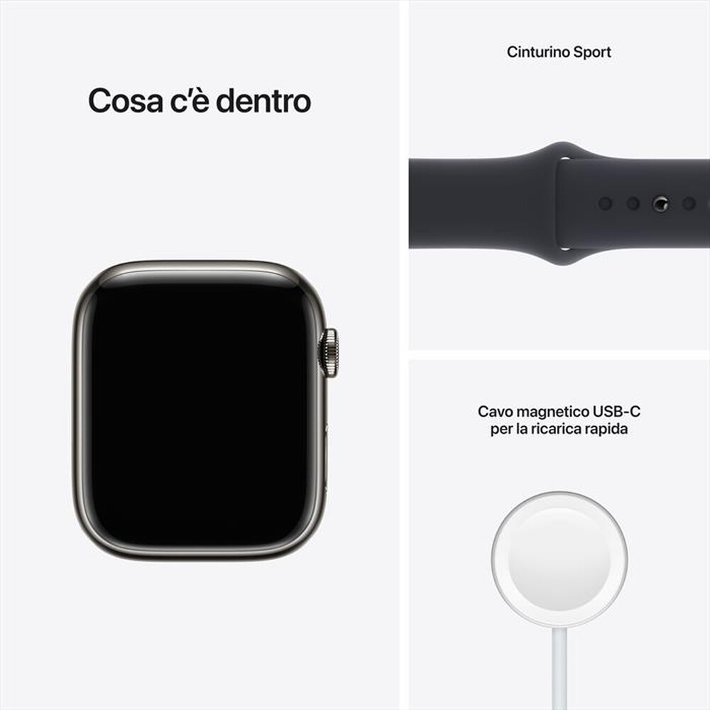 "APPLE - WATCH SERIES 7 GPS + CELLULAR 45MM IN ACCIAIO INOX-Grafite con Sport mezzanotte"