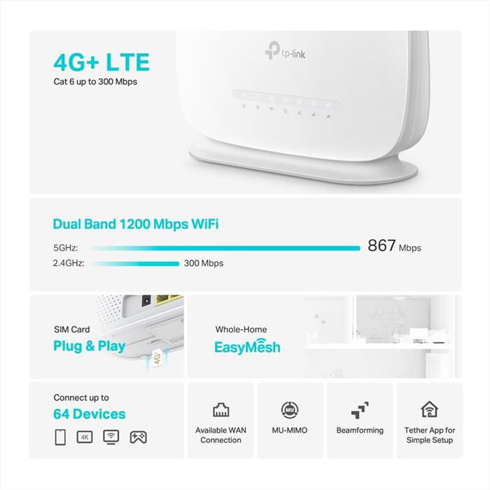Immagine del prodotto TP-LINK - Router 4G+ Cat6 Dual Band Gigabit Wi-Fi AC1200-.
