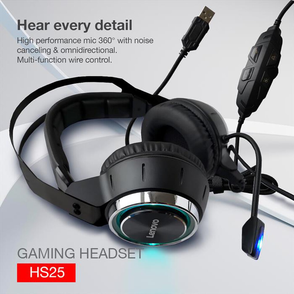 "LENOVO - HS25 CUFFIE GAMING MICROFONO CANC.RUMORE/SURROUND-NERO"