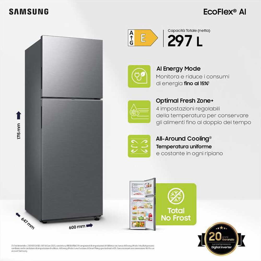 "SAMSUNG - Frigorifero 2 porte RT31CG5624S9ES Classe E 297 lt-Metal Inox"
