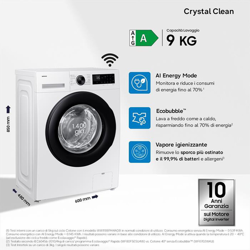 Immagine del prodotto SAMSUNG - Lavatrice WW90DG5G34AEET 9 Kg Classe A-bianca con obl&ograve; e display nero