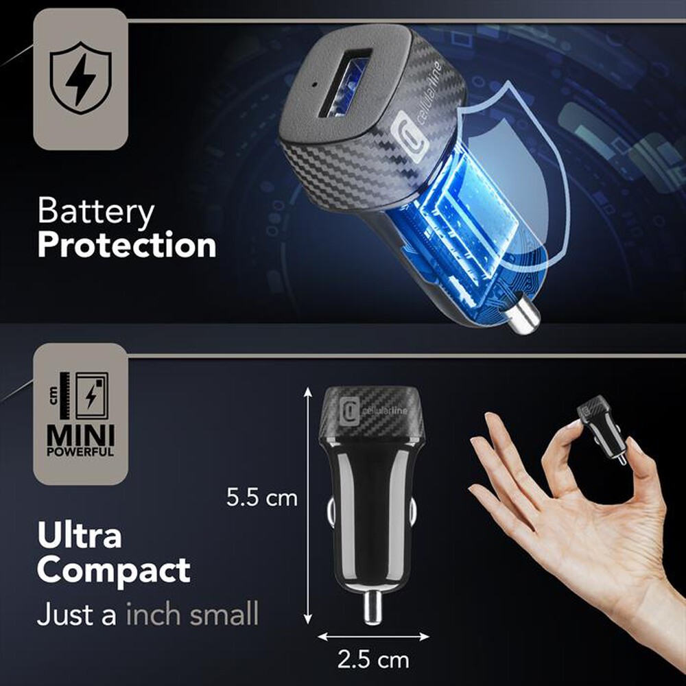 Immagine del prodotto CELLULARLINE - Caricabatterie auto 18W con porta USB-A/cavoUSB-C-Nero