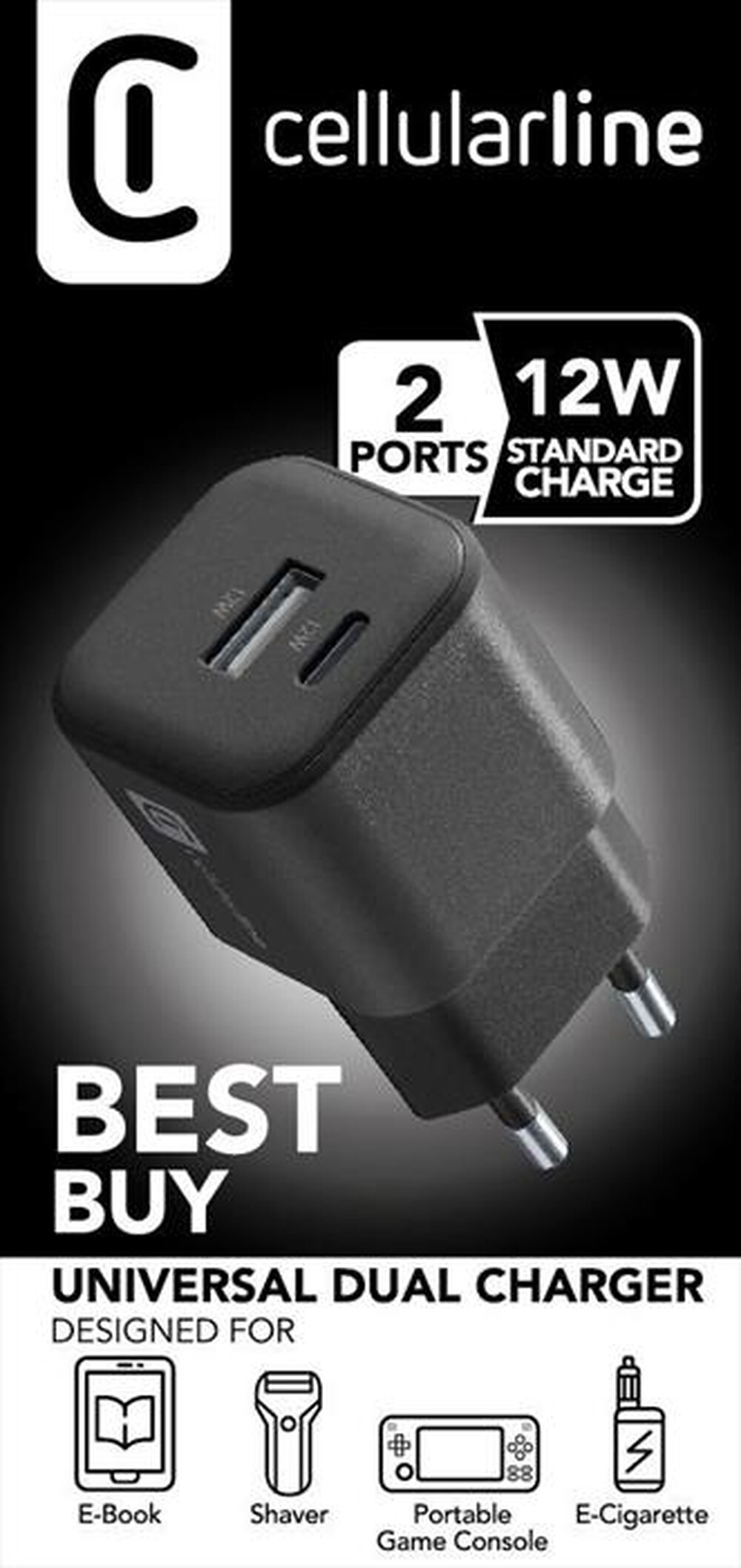 Immagine del prodotto CELLULARLINE - CARICABATTERIA DUAL 12W, USB-A / USB-C, NERO-Nero