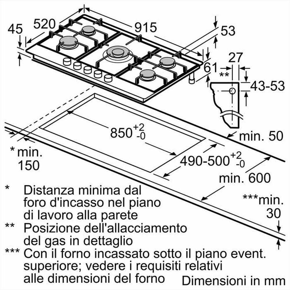 "BOSCH - Piano cottura a gas PCR9A5I90 91,5 cm-Inox"