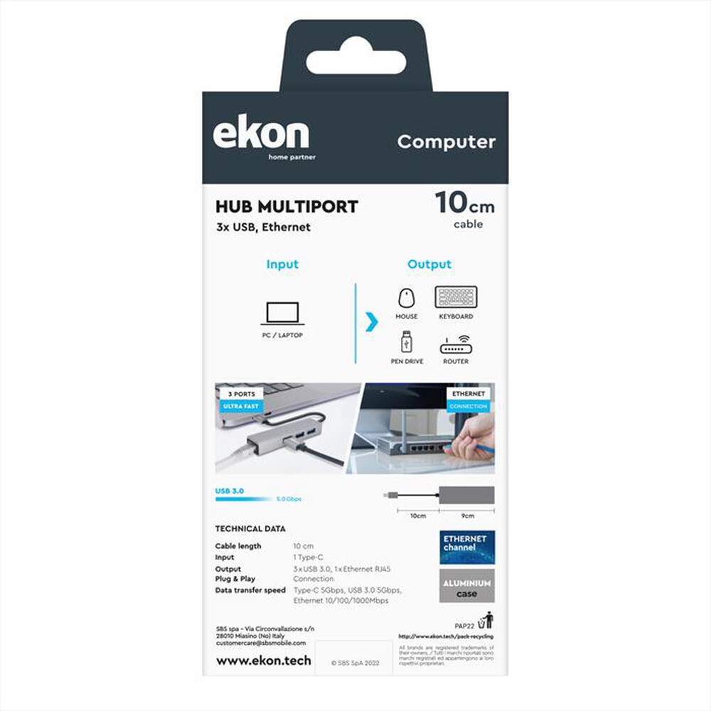 "EKON - Hub ECITHUBLAN3USBIN-Grigio"