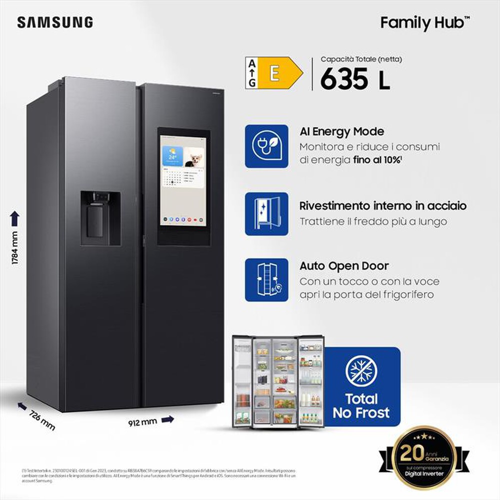 "SAMSUNG - Frigorifero side by side RS90F66BEFEF Classe E-Matte black"