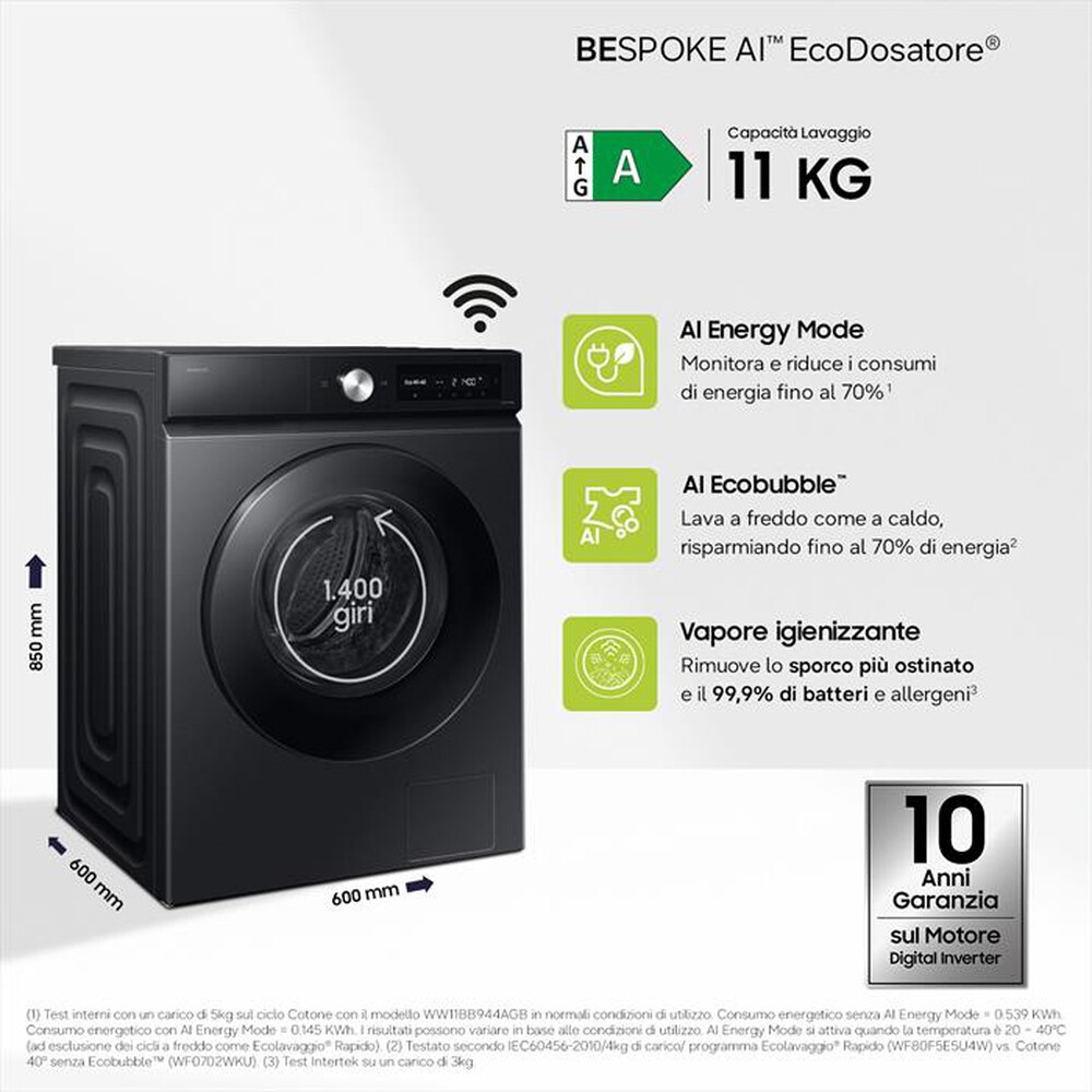 Immagine del prodotto SAMSUNG - Lavatrice WW11DB7B94GBU3 11 Kg Classe A-NERO