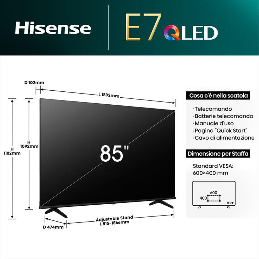 Immagine del prodotto HISENSE - Smart TV Q-LED UHD 4K 85" 85E79NQ-NERO