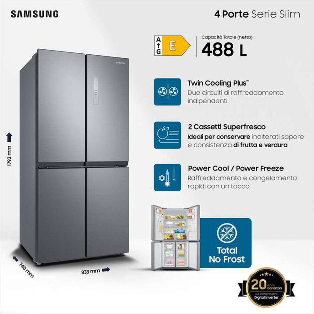 "SAMSUNG - Frigorifero 4 porte RF48A400EM9/EF Classe E 488 lt-INOX"