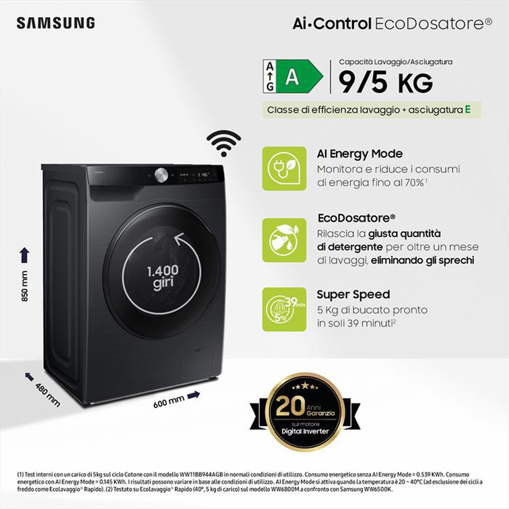 Immagine del prodotto SAMSUNG - Lavasciuga WD90DG6G94BBU3 9/5KG Classe A-nera con oblò e display nero