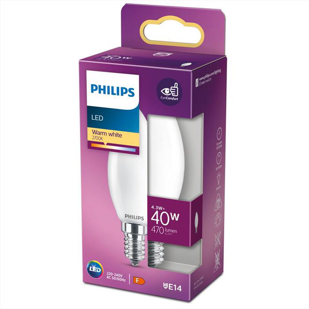"PHILIPS - LED OLIVA E SFERA 4,3 W 40 W E14 LUCE BIANCA CALDA"