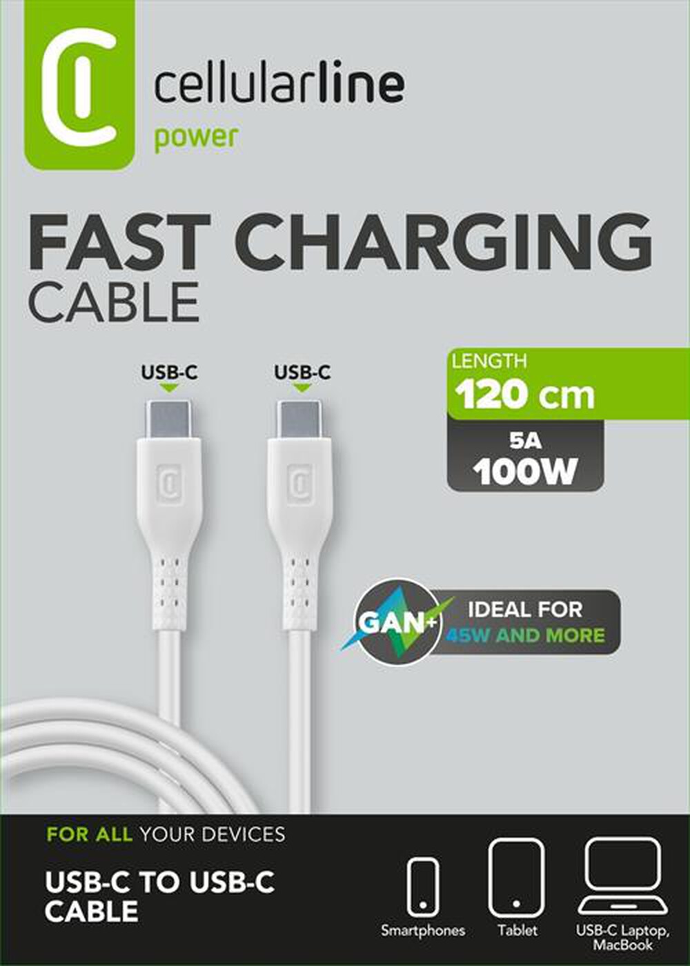 Immagine del prodotto CELLULARLINE - USB-C CABLE 5A 100W - 120 CM-Bianco