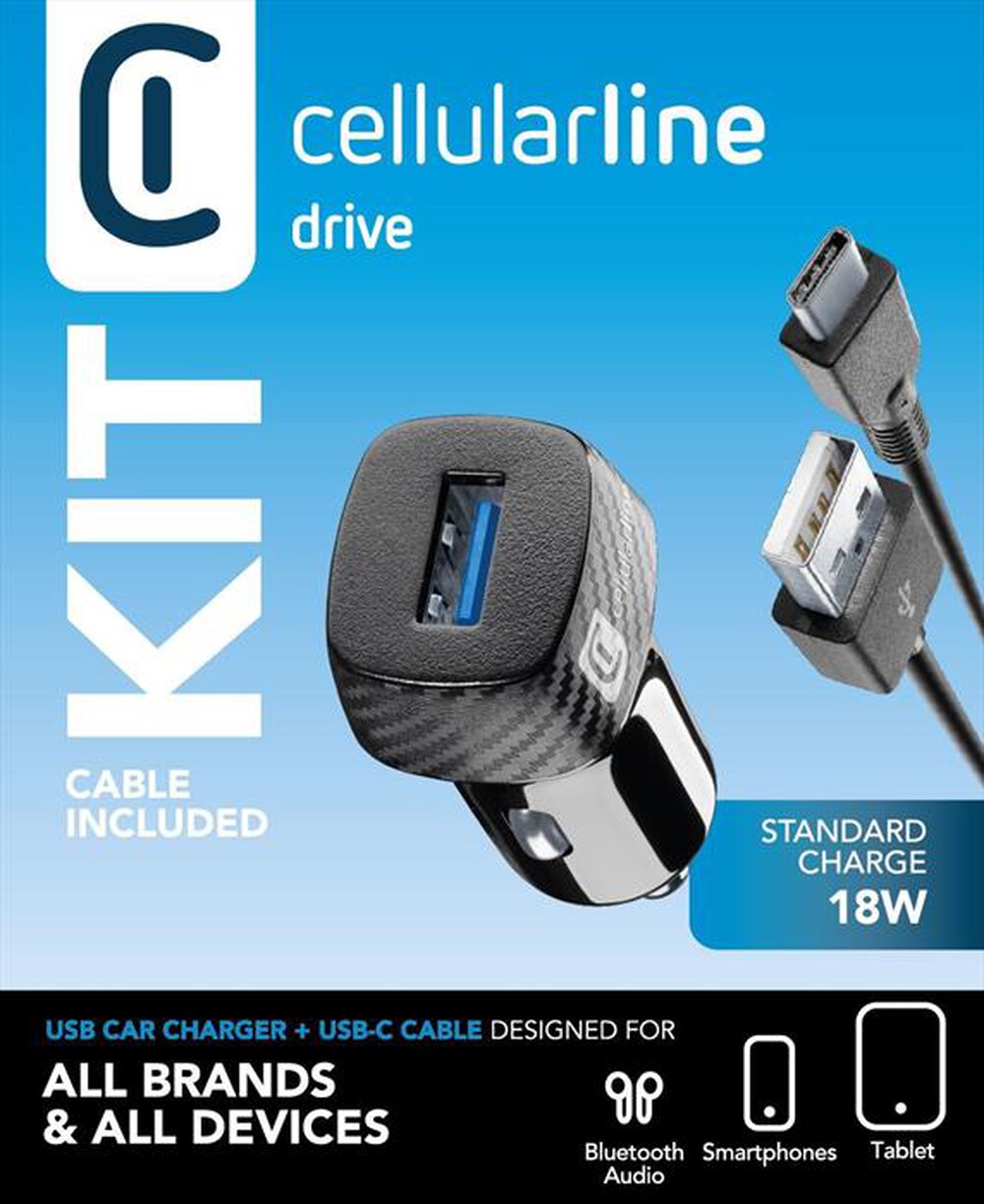 Immagine del prodotto CELLULARLINE - Caricabatterie auto 18W con porta USB-A/cavoUSB-C-Nero