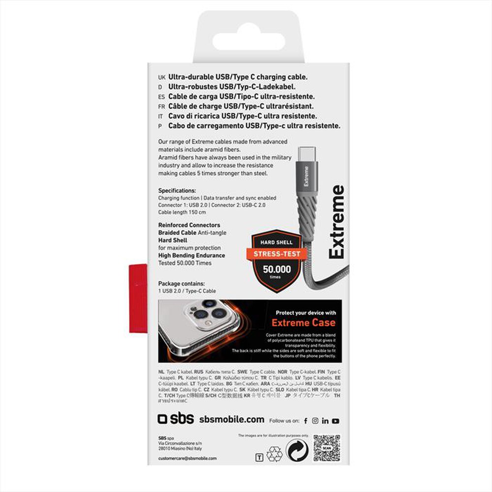 "SBS - Cavo Extreme 1,5 mt TECABLEUNRETCK-Grigio"