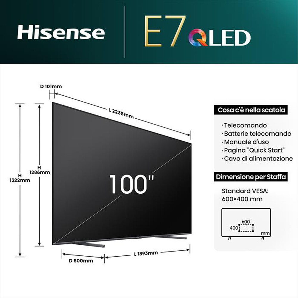 "HISENSE - Smart TV Q-LED UHD 4K 100\" 100E7NQ-NERO"
