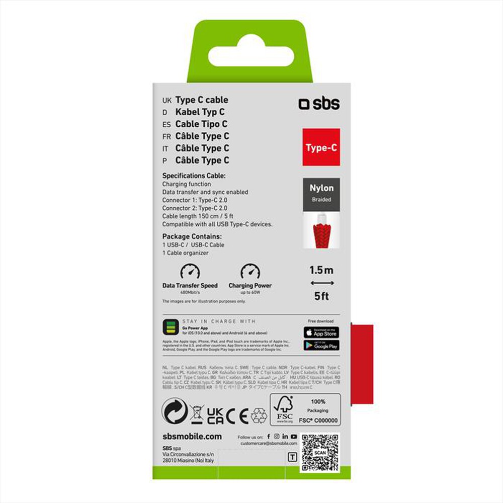 Immagine del prodotto SBS - Cavo TECABLETISSUETCCR per i dispositivi con USB-C-Rosso