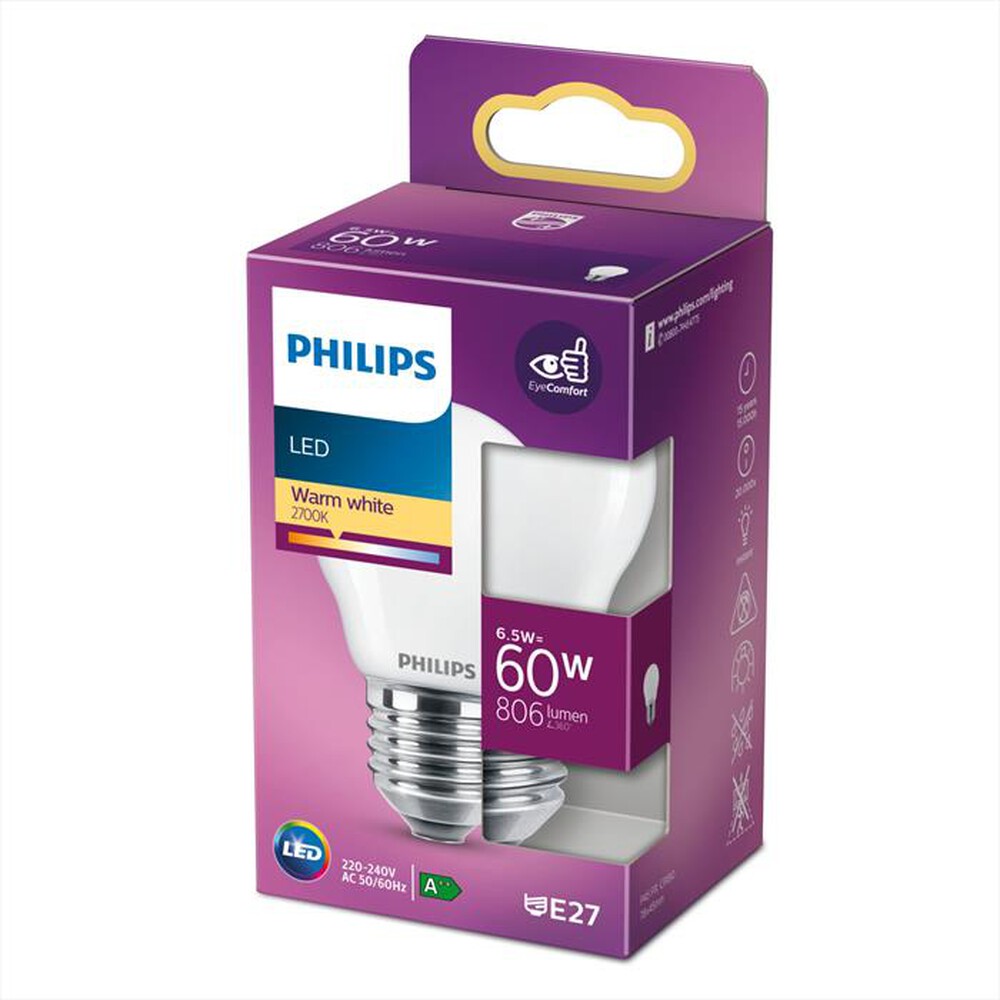 "PHILIPS - LED OLIVA E SFERA 6,5 W 60 W E27 LUCE BIANCA CALDA"