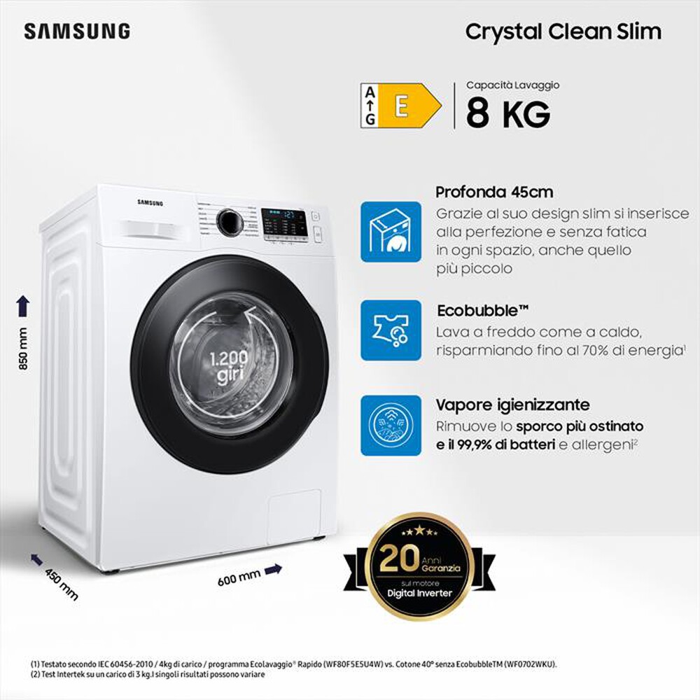 Immagine del prodotto SAMSUNG - Lavatrice WW80AGAS21AEET 8 Kg Classe E-BIANCO OBLO' NERO