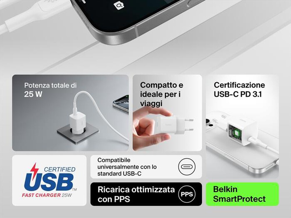 Immagine del prodotto BELKIN - Caricabatteria da parete USB-C da 25 W BoostCharge-Bianco