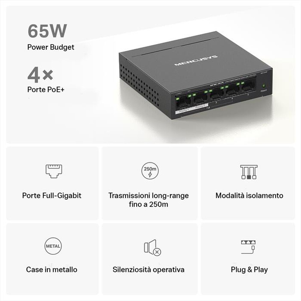"MERCUSYS - 5-PORT GIGABIT DESKTOP SWITCH WITH  4-PORT POE+-nero"