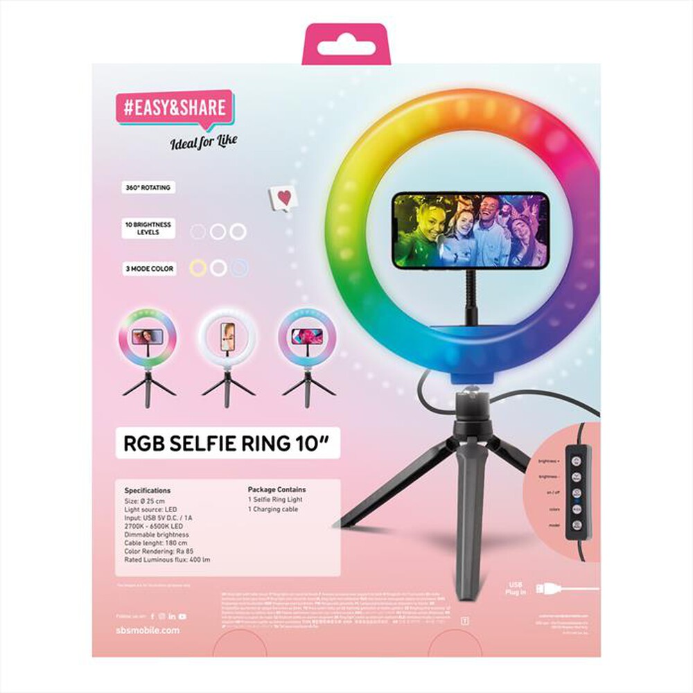"SBS - TESELFIRINGCLIP10RGB Selfie ring da 10\"-Multicolor"