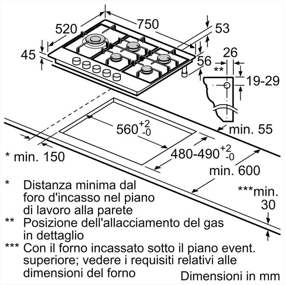 Immagine del prodotto BOSCH - Piano cottura a gas PCS7A5B90 5 fuochi 75cm-Acciaio inox