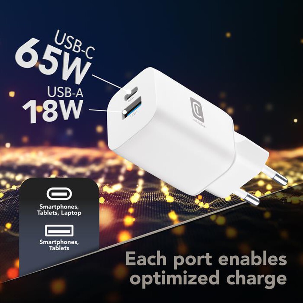 Immagine del prodotto CELLULARLINE - Kit caricabatterie GaN 65W Dual Port USB A + USB C-Bianco