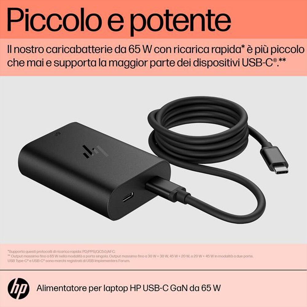 "HP - CARICABATTERIE USB-C GAN DA 65W-Nero"