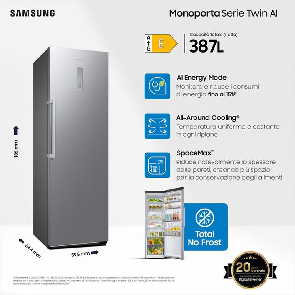 "SAMSUNG - Frigorifero 1 porta RR39C7BJ5S9/EF Classe E 387 lt-METAL INOX"