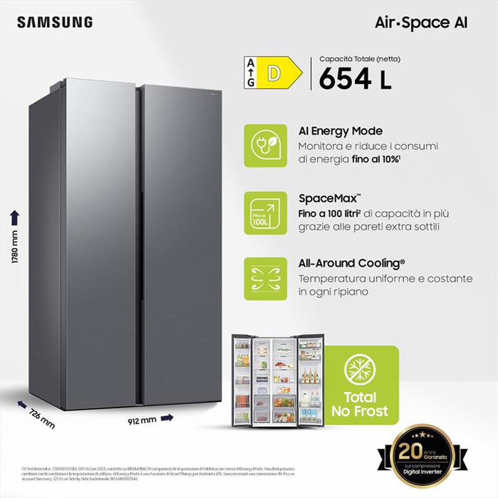 "SAMSUNG - Frigorifero side by side RS70F65QDTEF Classe D-Metal Inox"