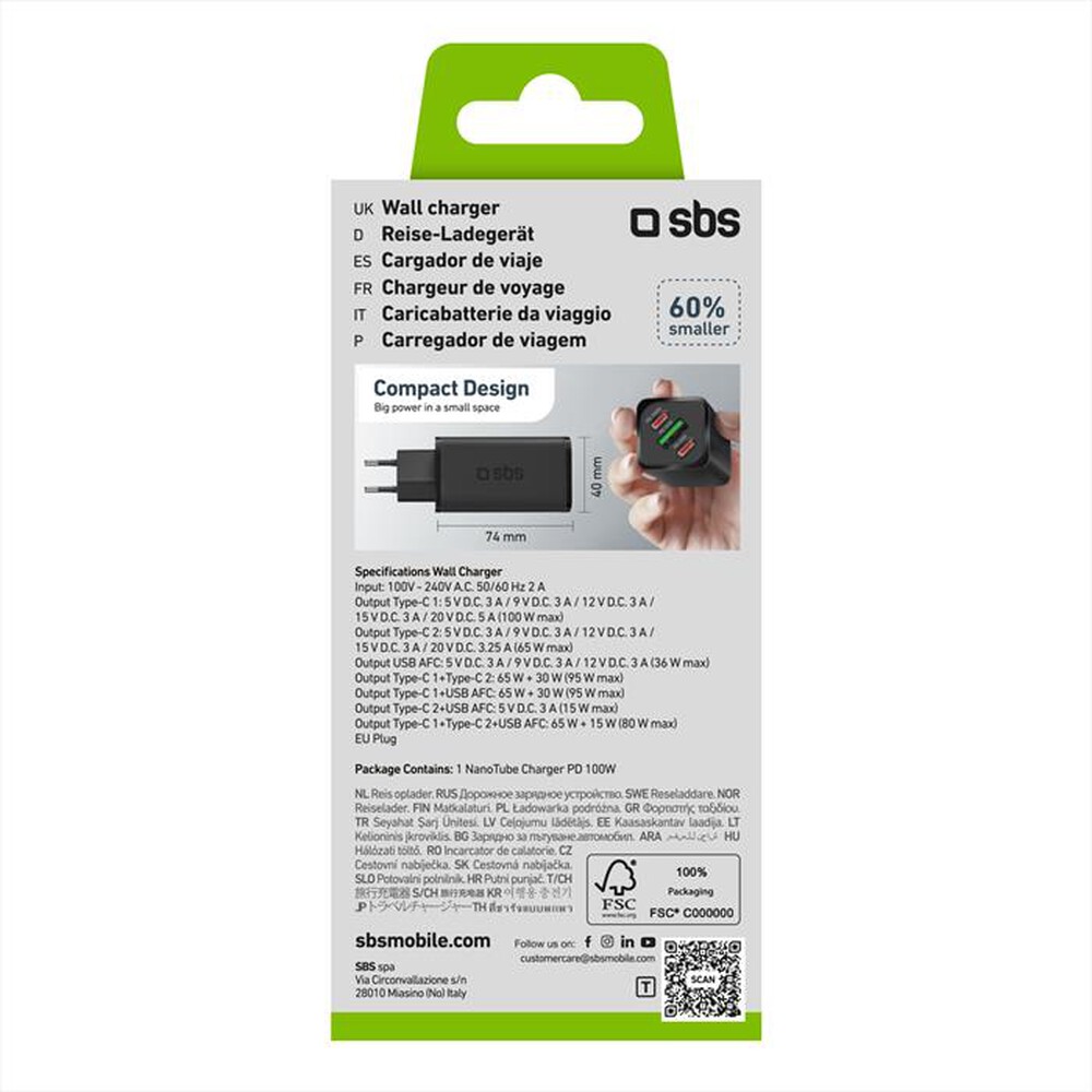 "SBS - Caricatore da rete TETRGANUSB2CPD100W-Nero"