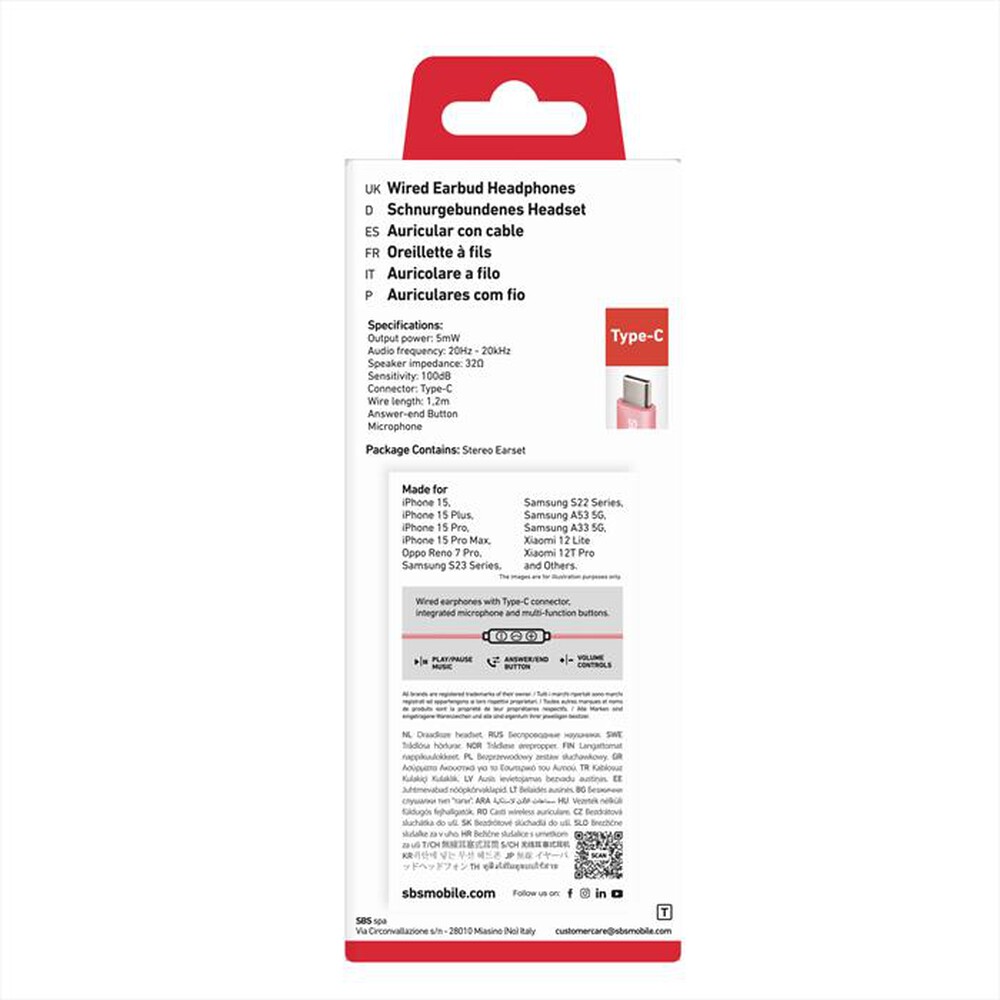 "SBS - Auricolare con filo TEEARTYCAPR iPhone 15-Rosso corallo"
