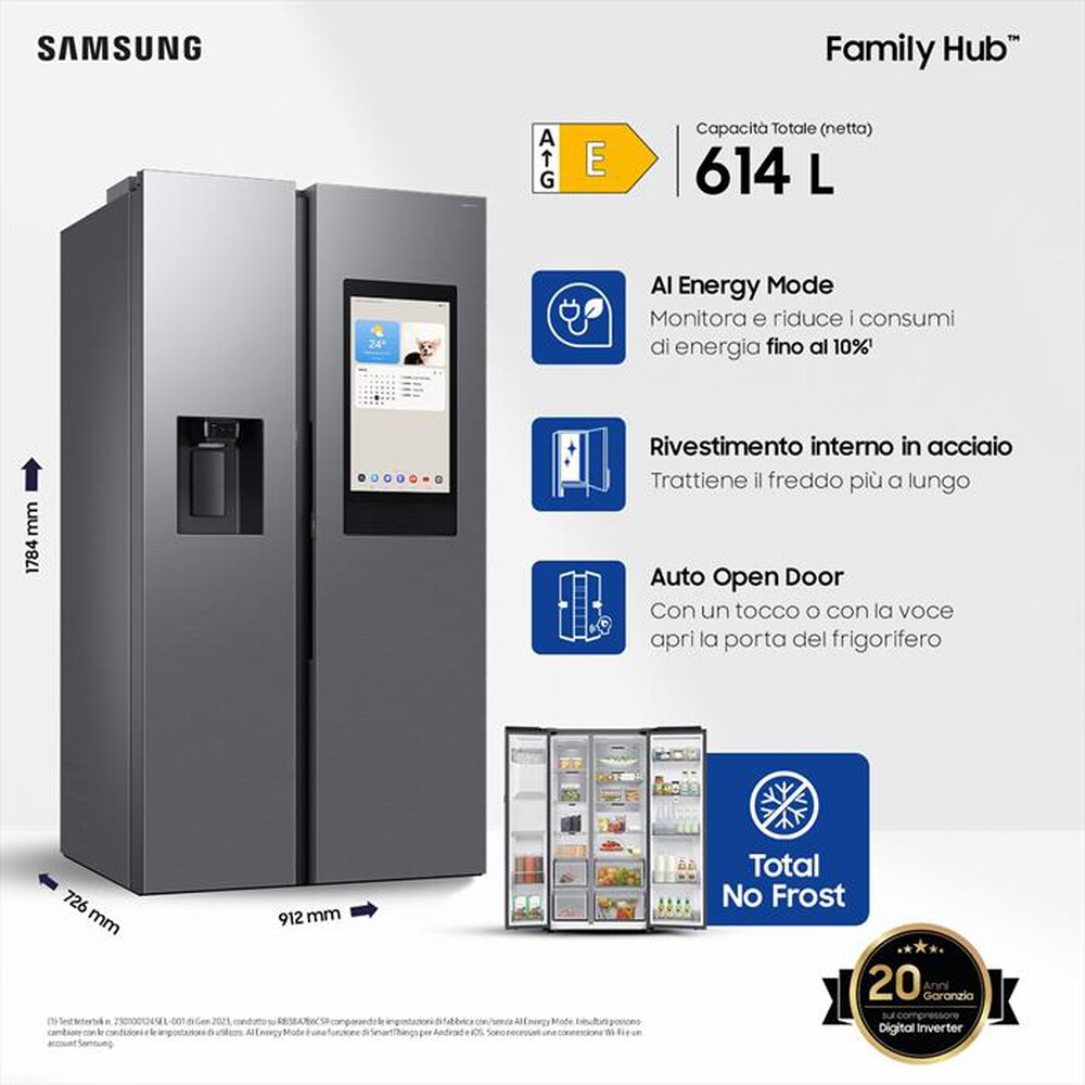 "SAMSUNG - Frigorifero side by side RS90F66BETEF Classe E-Inox Spazzolato"