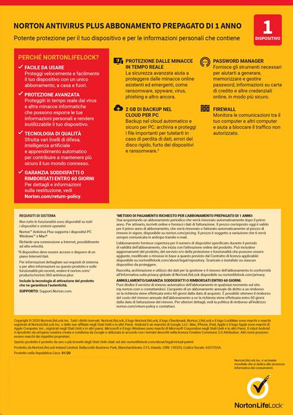"NORTON - Norton Antivirus Plus 1 Disp. 12 Mesi 2GB ESD"