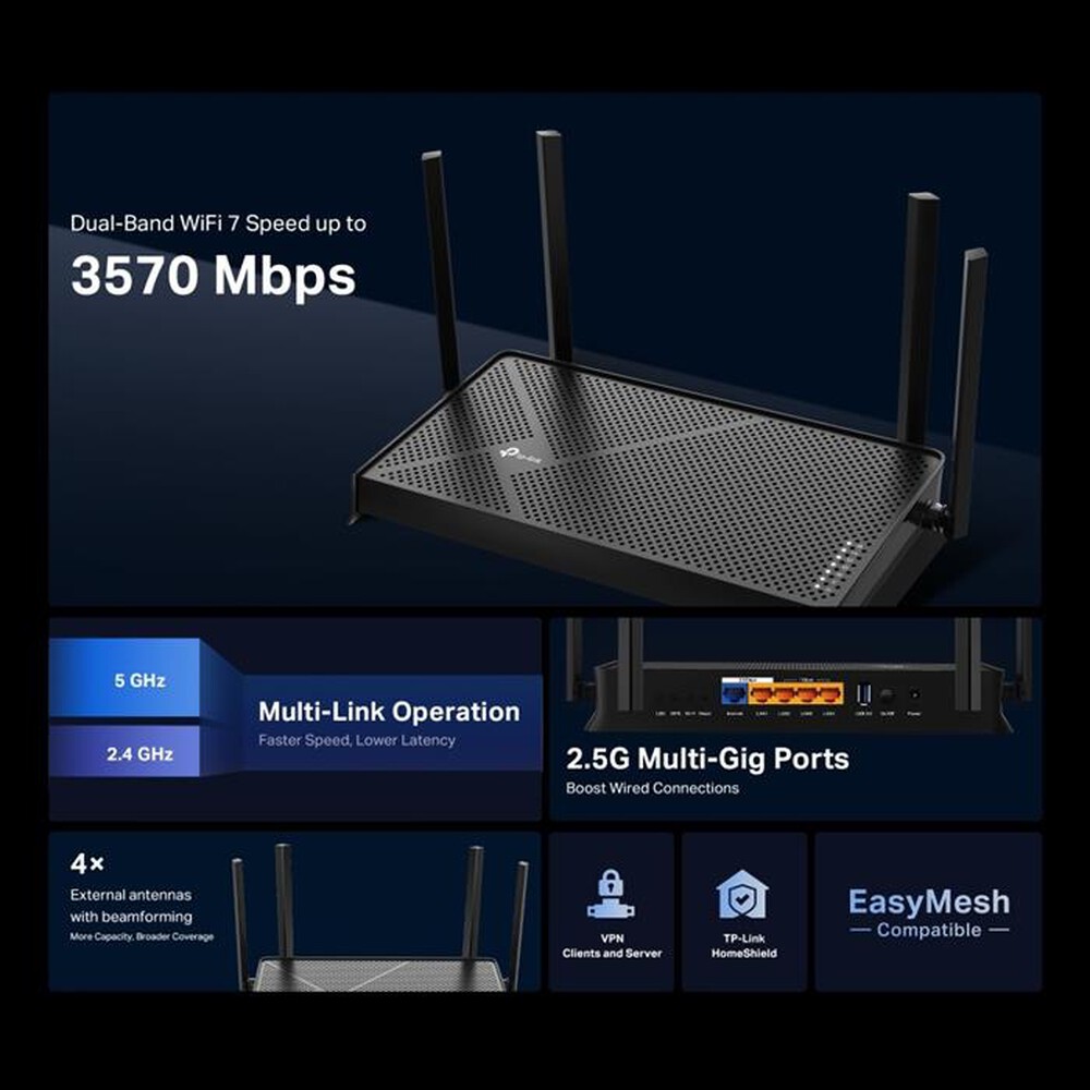 Immagine del prodotto TP-LINK - ROUTER BE3600 WIFI 7 DUALBAND 3.6GBPS 4LAN GIGABIT