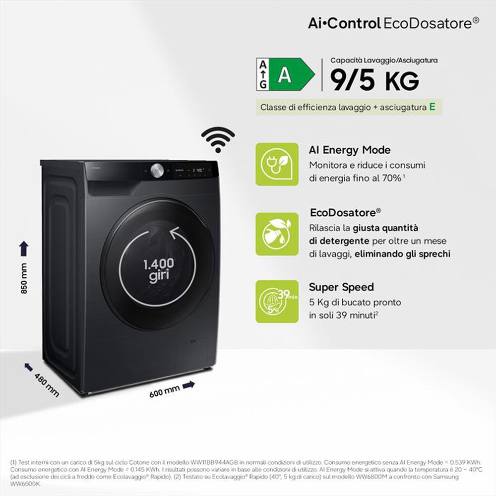 Immagine del prodotto SAMSUNG - Lavasciuga WD90DG6G94BBU3 9/5KG Classe A-nera con obl&ograve; e display nero
