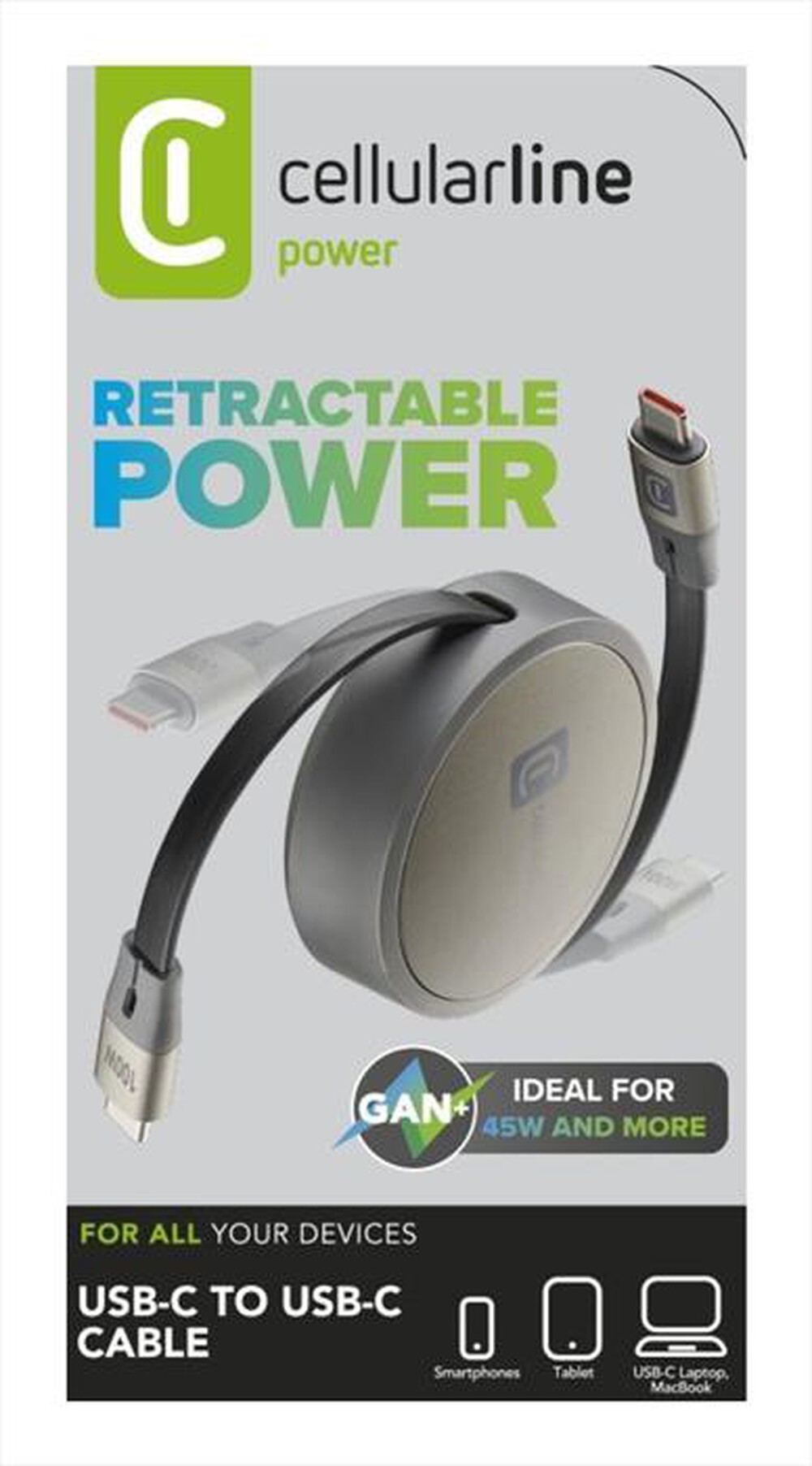 Immagine del prodotto CELLULARLINE - CAVO USB-C/USB-C RETRAIBILE-Grigio