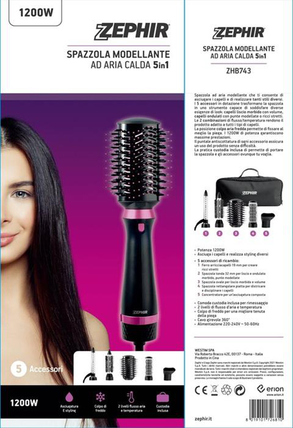"ZEPHIR - Asciugacapelli ZHB743-Nero - Rosa"