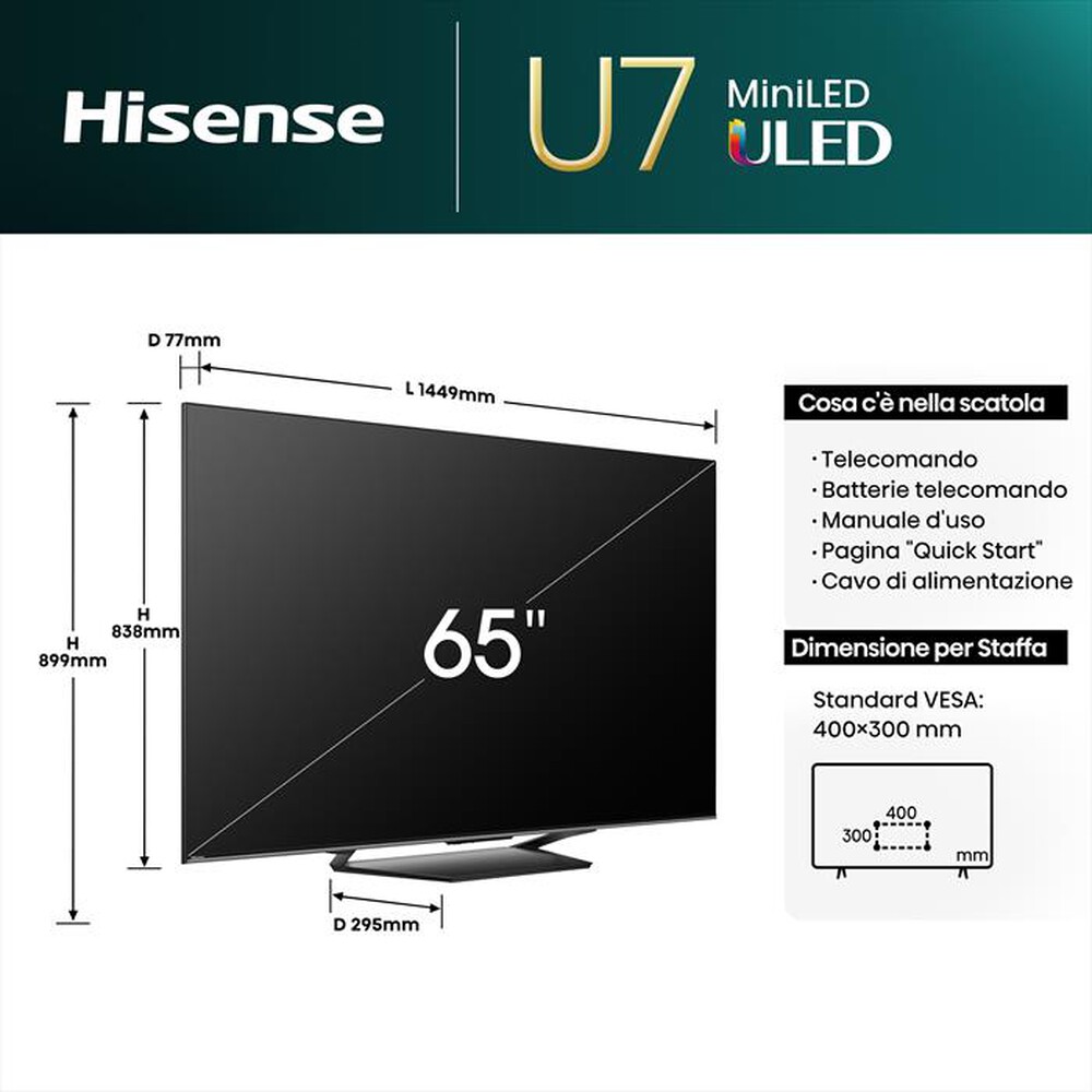 "HISENSE - Smart TV MINI LED UHD 4K 65\" 65U79NQ-Metallo - Grigio Carbone"