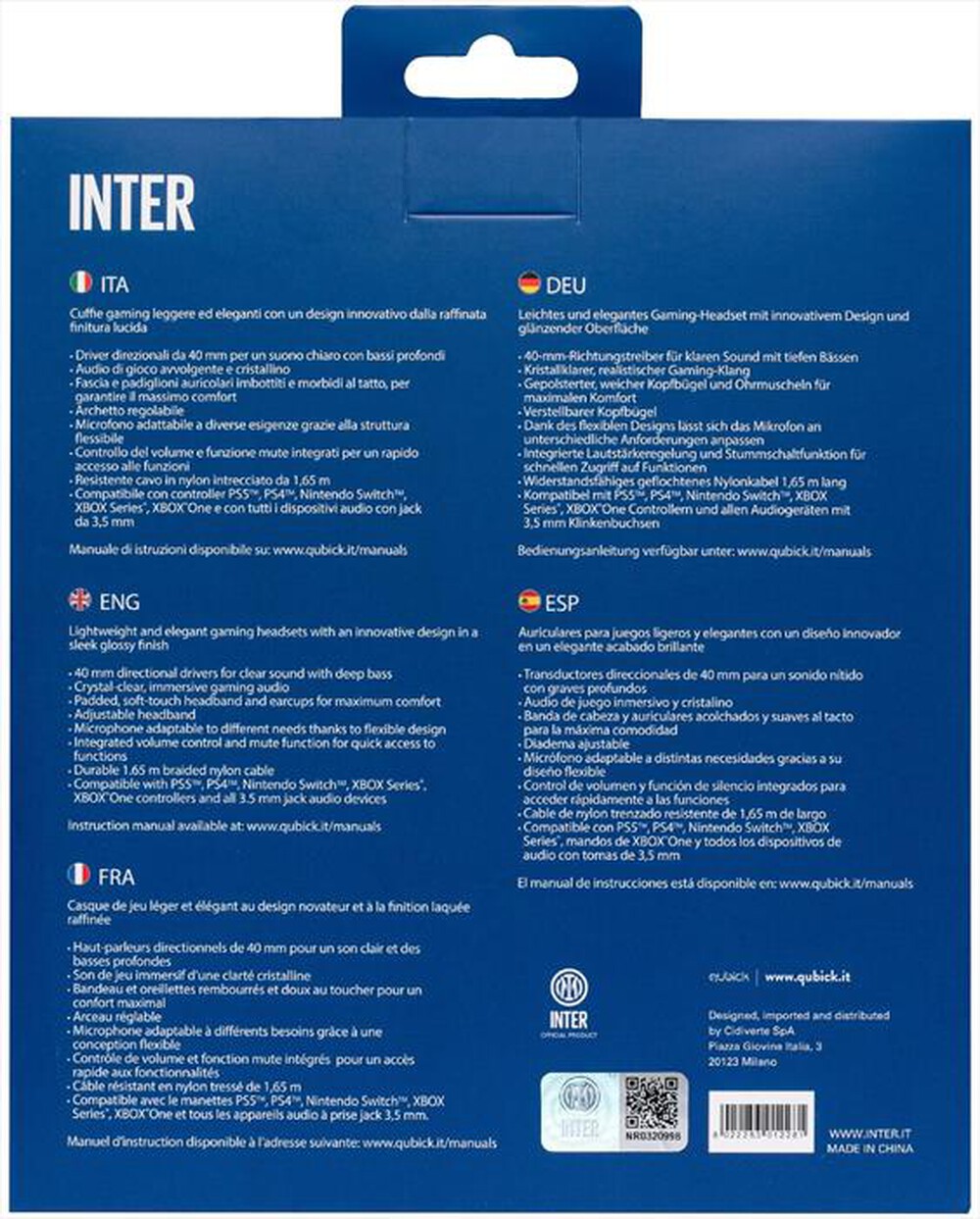 "QUBICK - CUFFIE GAMING INTER SNAKES-NERO/BLU"