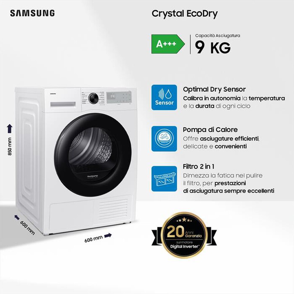 "SAMSUNG - Asciugatrice DV90DG52A0AHET 9KG Classe A+++-bianco oblò nero display silve"