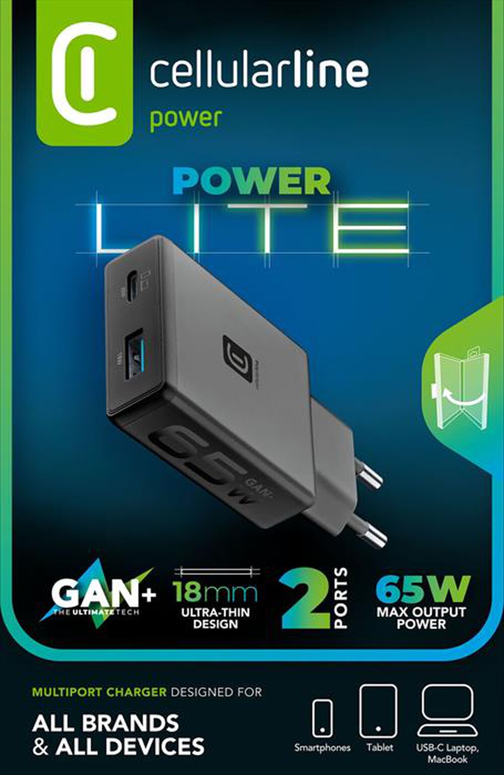 Immagine del prodotto CELLULARLINE - Caricabatterie POWER LITE 65W SLIM DUAL A+C-Nero