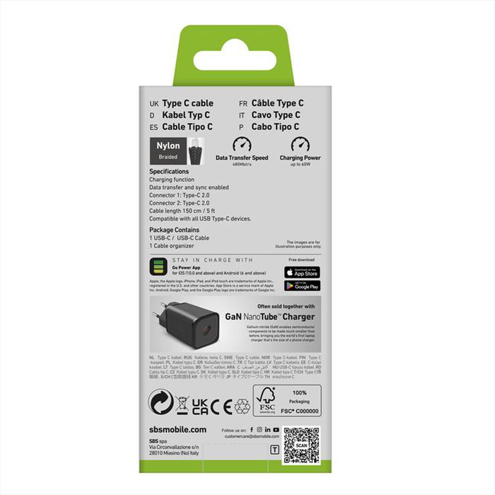 Immagine del prodotto SBS - Cavo TECABLETISSUETCCK per i dispositivi con USB-C-Nero