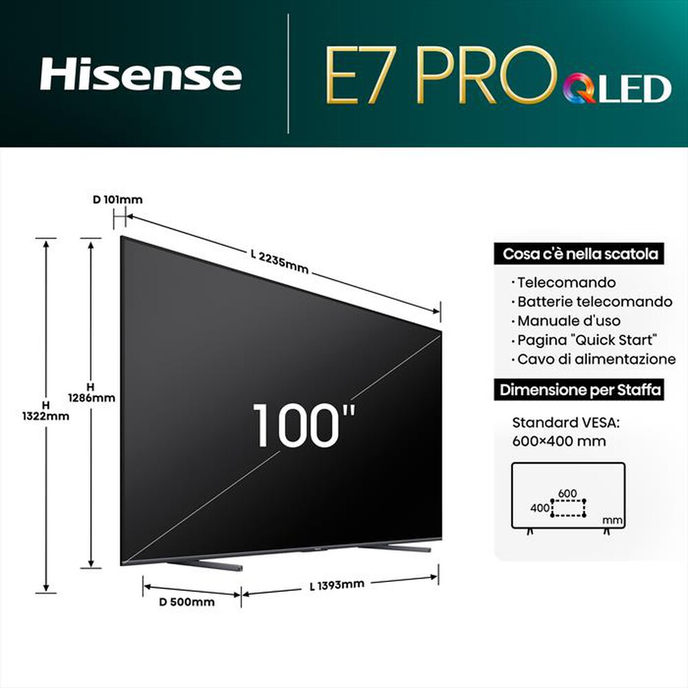 "HISENSE - Smart TV Q-LED UHD 4K 100\" 100E7NQ PRO-NERO"