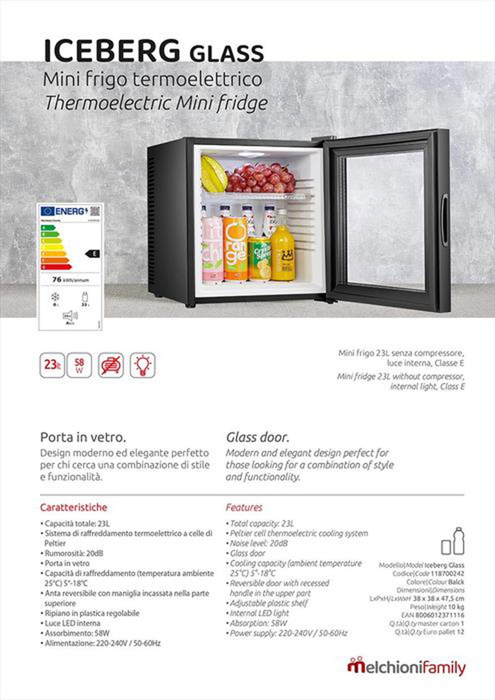 "MELCHIONI FAMILY - Frigorifero 1 porta GLASS Classe E 24l-nero"