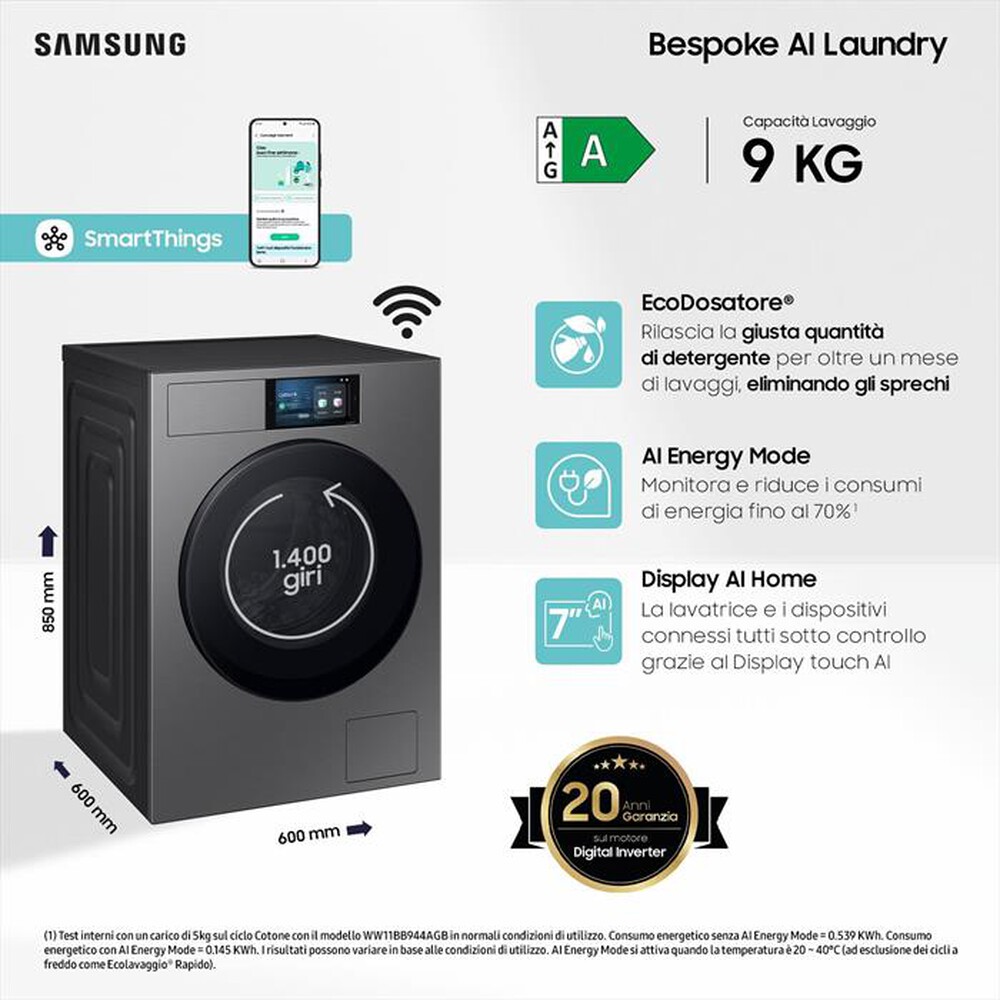 Immagine del prodotto SAMSUNG - Lavatrice WF90F09C4SU3 9KG Classe A-Dark Silver Steel - obl&ograve; Nero