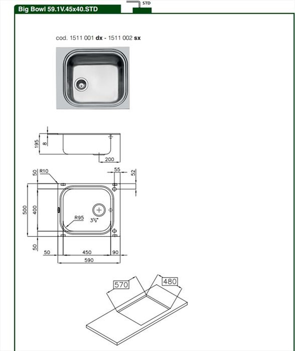"FOSTER - Lavello lineare 1511002 Big Bowl 59.1V.45x40.STD-Acciaio AISI 304 spazzolato"