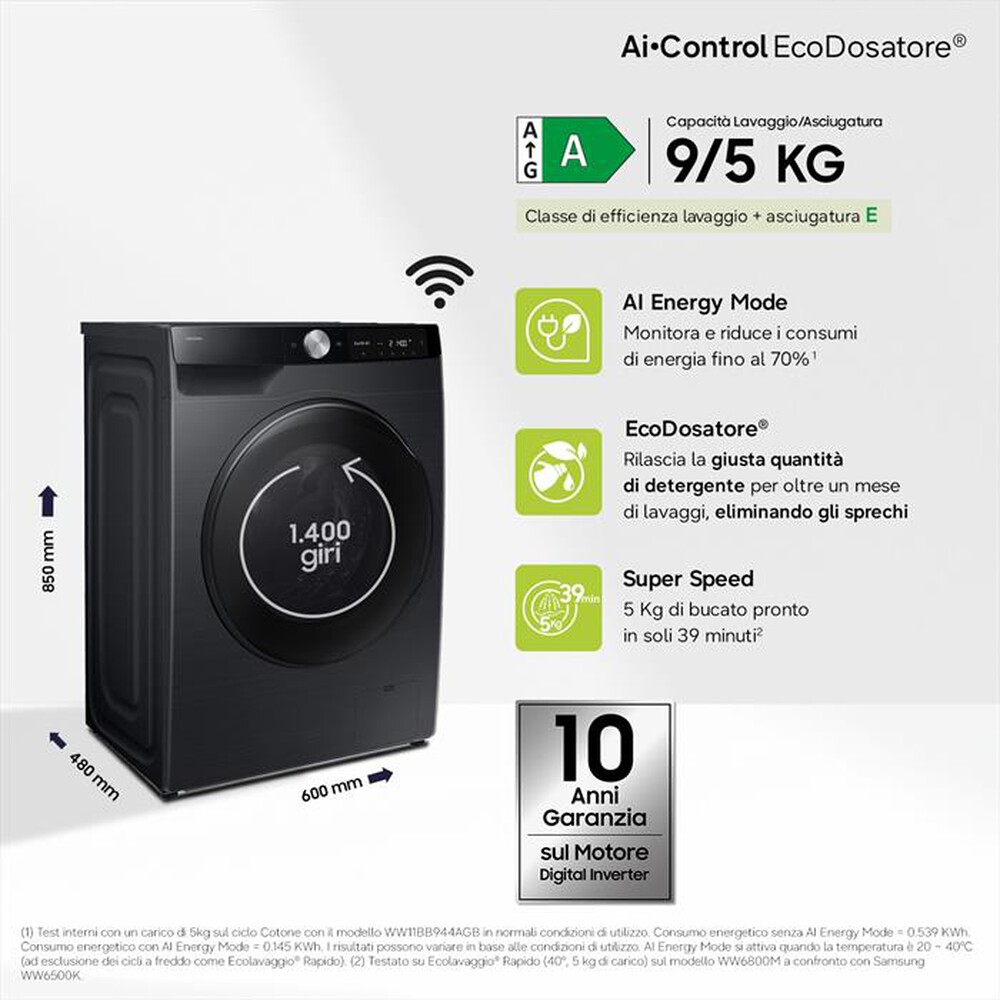 Immagine del prodotto SAMSUNG - Lavasciuga WD90DG6G94BBU3 9/5KG Classe A-nera con obl&ograve; e display nero