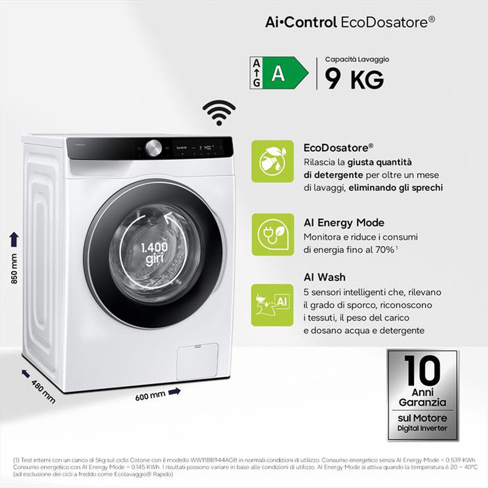 Immagine del prodotto SAMSUNG - Lavatrice WW90DG6G94LKU3 9KG Classe A-bianca con obl&ograve; -pannello nero
